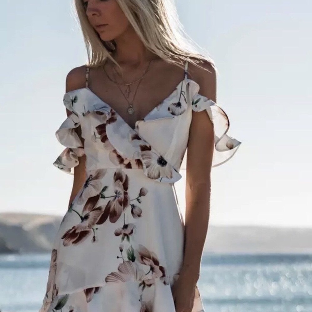 Floral dress off shoulder Ruffle womens white - Picture 3 of 5